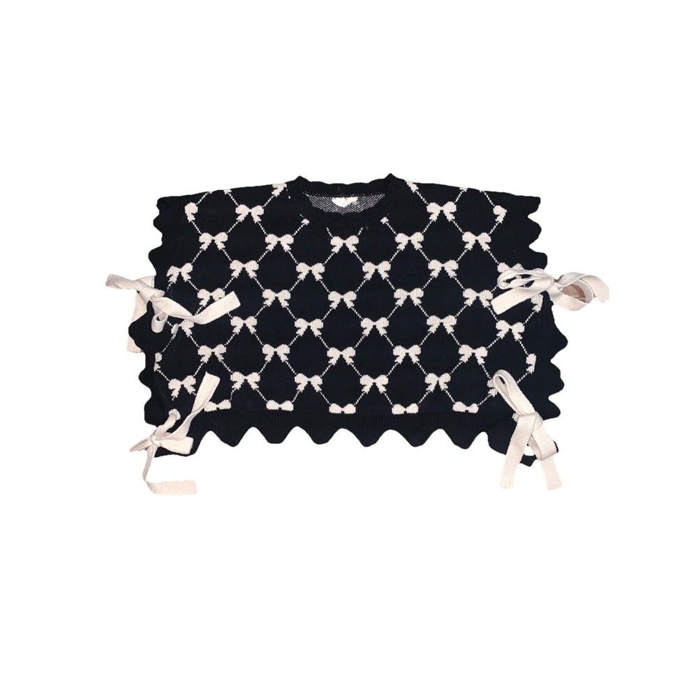 Entro Knit Bow Sweater Vest‎ L Black Beige Coquette Chic Cute Casual fall winter